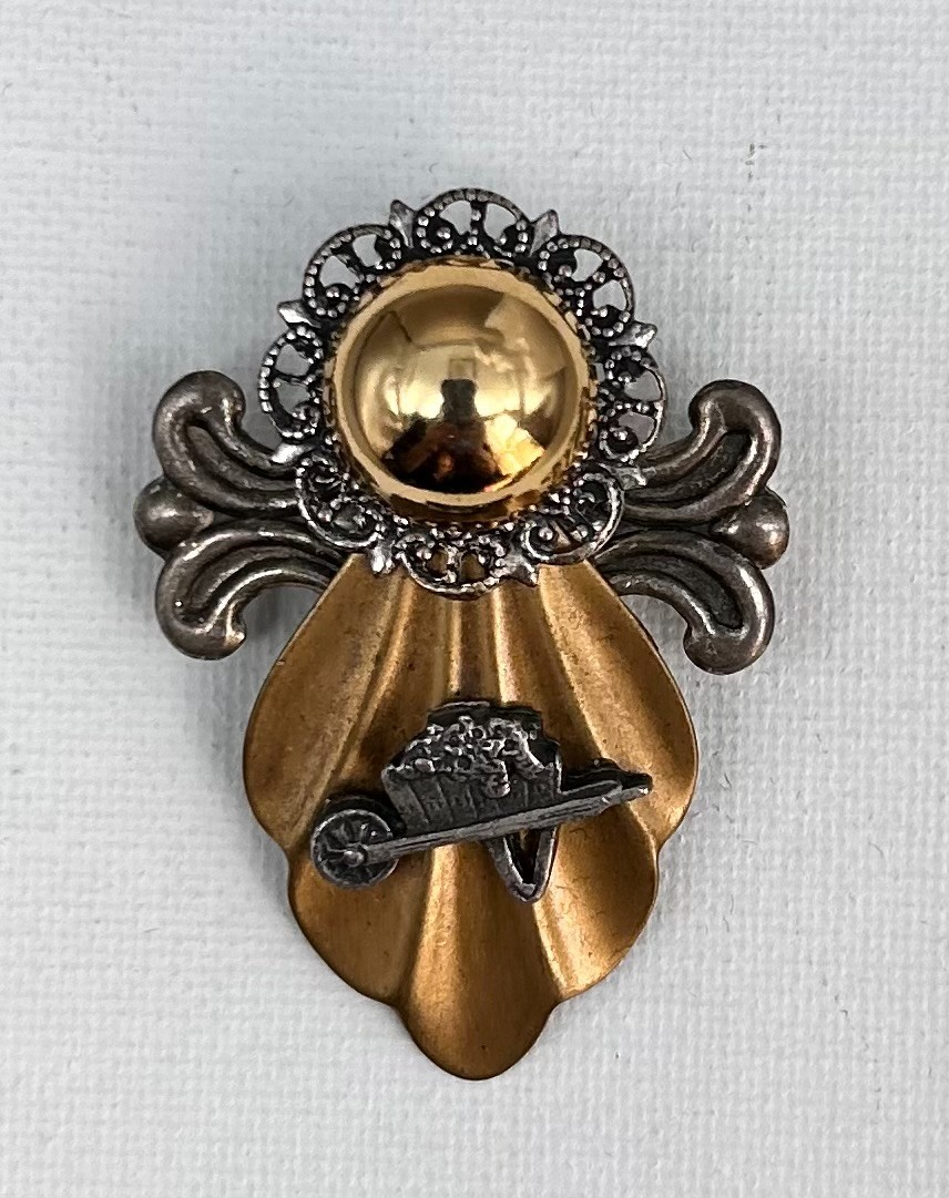 VTG Garden Angel Brooch Pin Gold & Silver Tone Wheelbarrow Charm Gardener GIFT