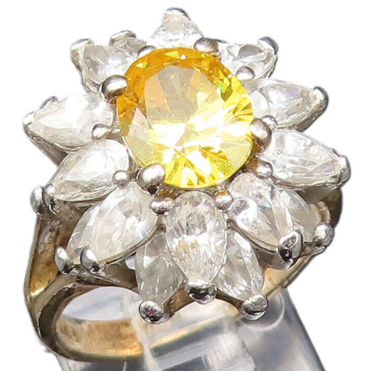 925 Sterling Silver Vintage Citrine & Cubic Zirconia Flower Ring Sz 7.5 RG25496