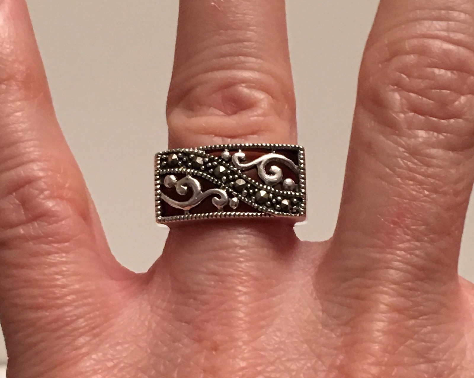 Vintage CW Sterling Silver Marcasite Wide Rectangle Swirl Scroll Size 6.25 Ring