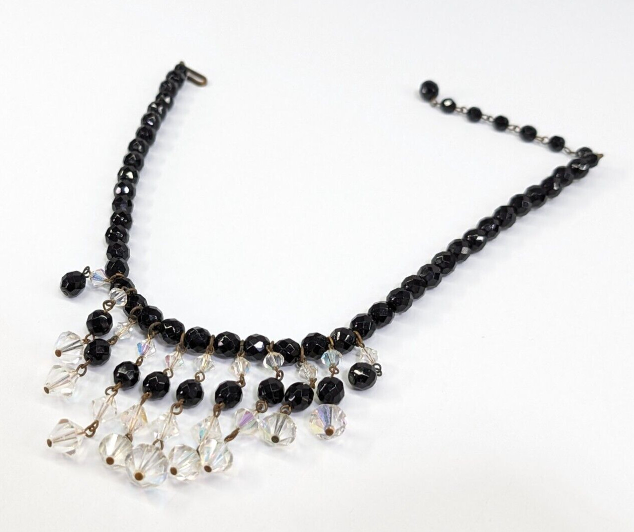 Vintage Black Glass Faceted AB Crystal Fringe Beaded Bib Statement Necklace