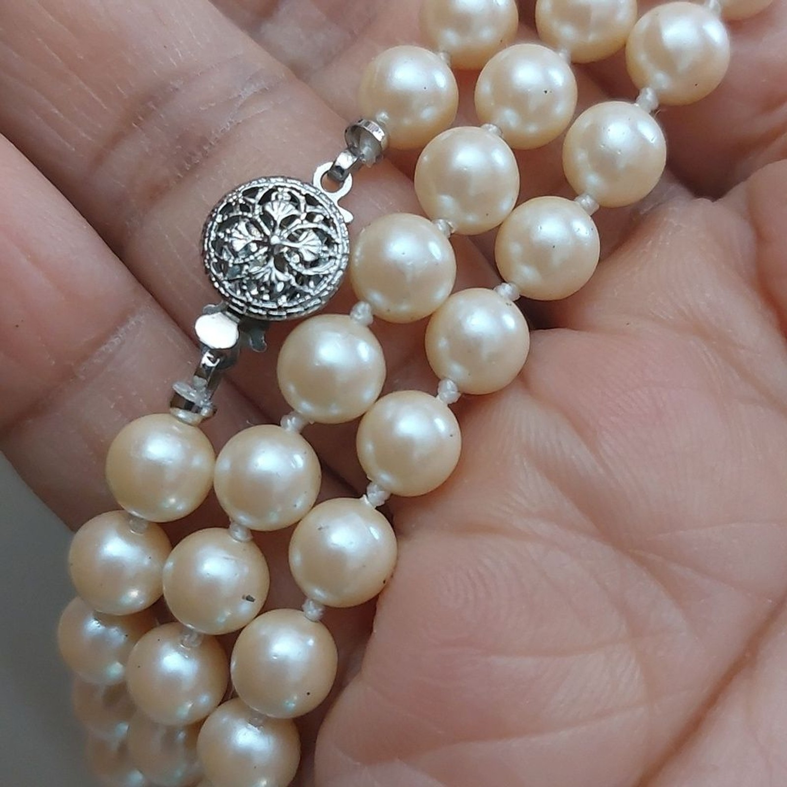 Vintage Classic Look Hand Knotted Faux Pearl Necklace Filigree Fish Hook Clasp