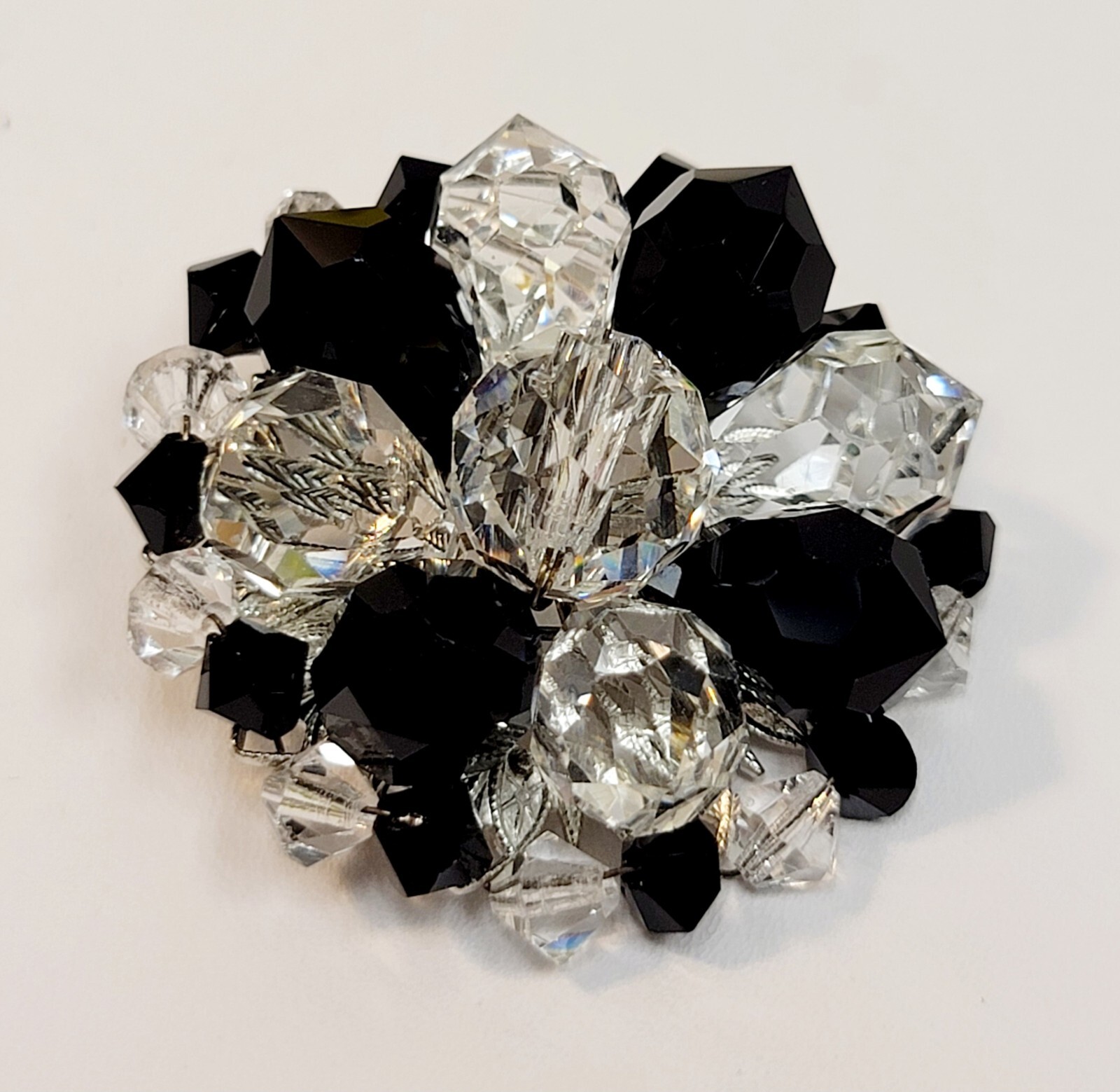 Vintage Black Clear Crystal Glass Bead Cluster Brooch