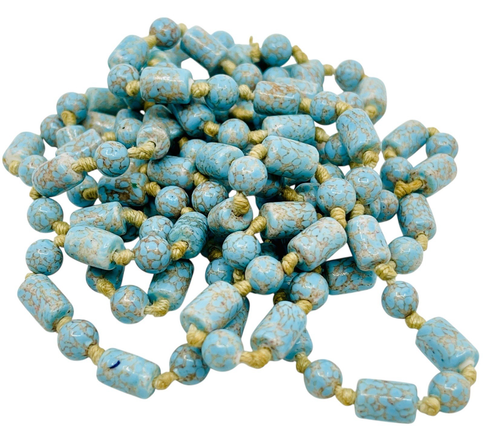 Long Antique Art Deco Circa 1920’s Robin’s Egg Blue Flapper Bead Necklace 60” L