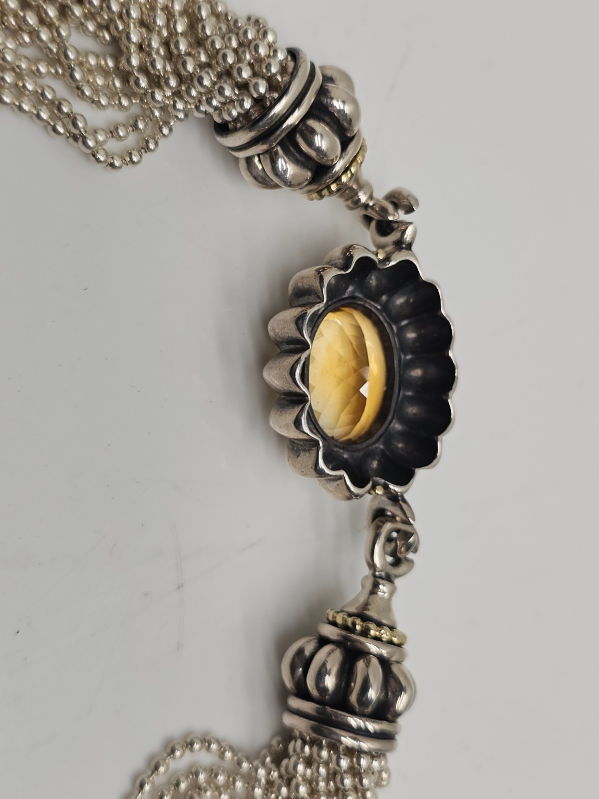 Multi Strand Silver 925 Bead Necklace Amber Glass Front Clasp Statement 17.5 in