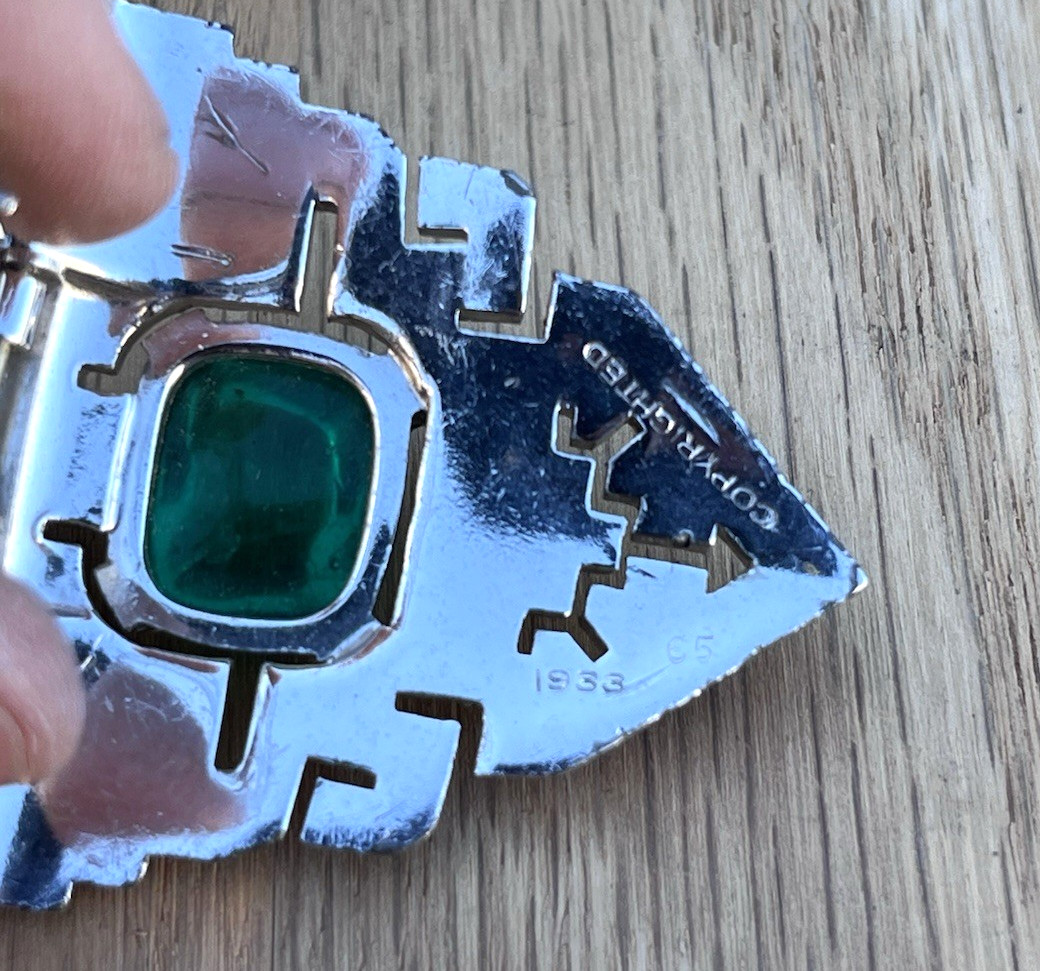 Antique 1933 Green Glass Art Deco Triangle Scarf Dress Clip Brooch Pin Set