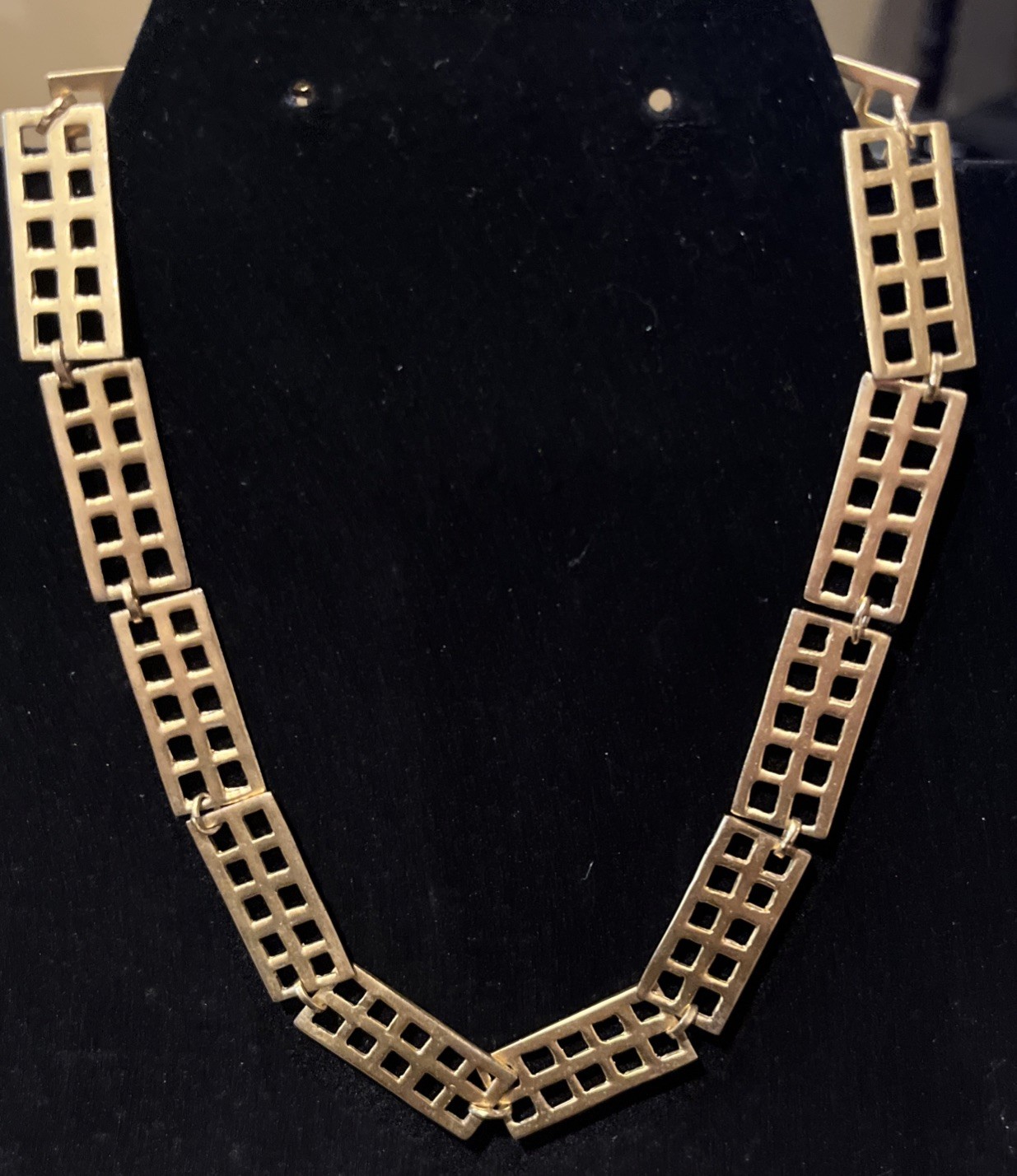 VTG Crown Trifari Jewelry gold tone panel necklace geometric design matte finish