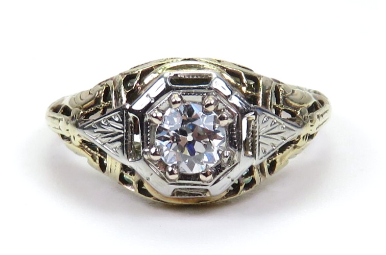 Antique 1920’s European Diamond 13KY/16KW Engagement Ring Size 4 UK-H dtd 1927