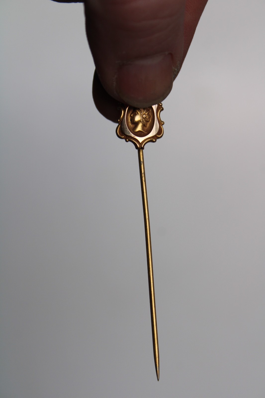 (2) Antique Art Nouveau Cameo & Shield Portrait Stick Pin