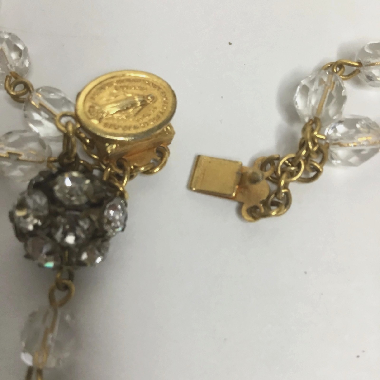 VTG Double Strand Crystal Bead Rosary Bracelet Necklace Cross Pendant Gold Tone