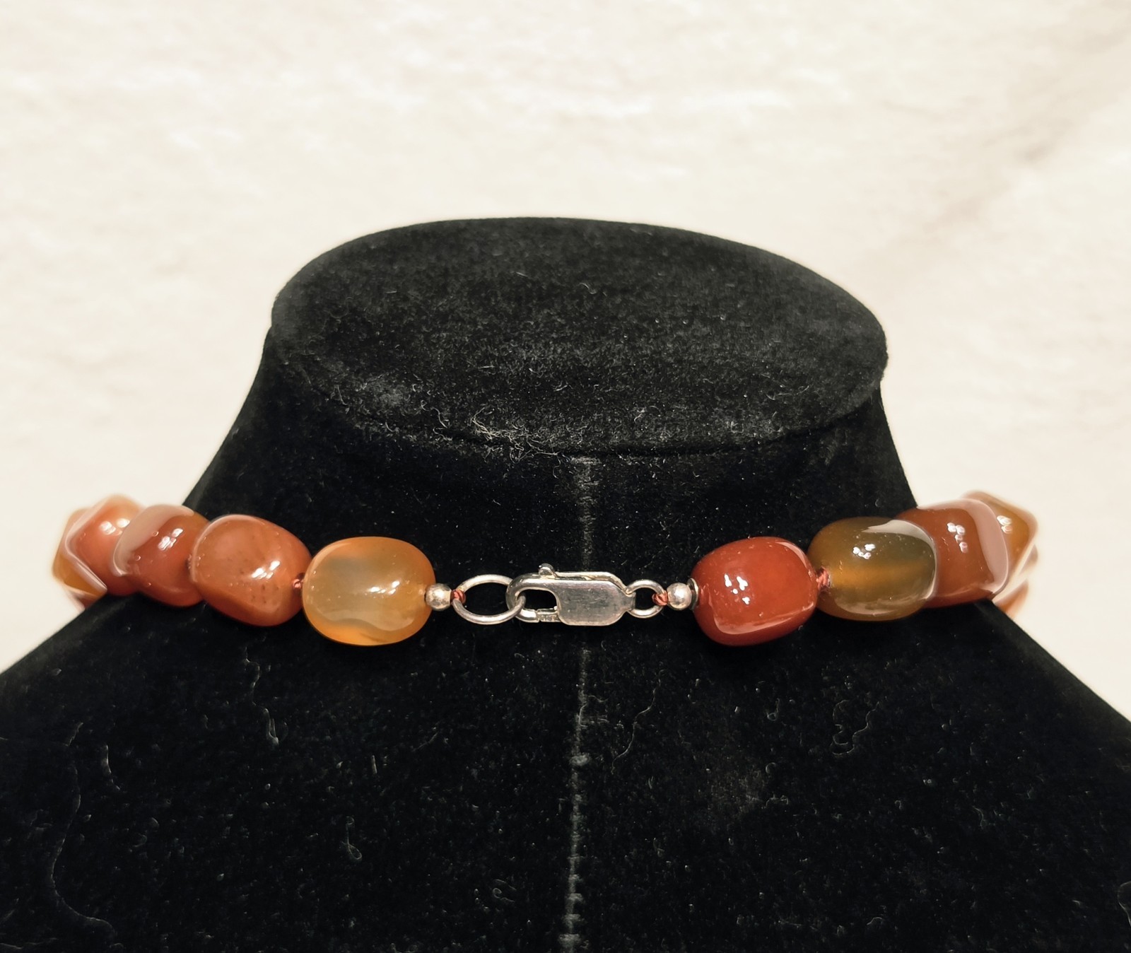Vintage Carnelian & Banded Agate Hand-knotted Necklace – Sterling Silver Clasp