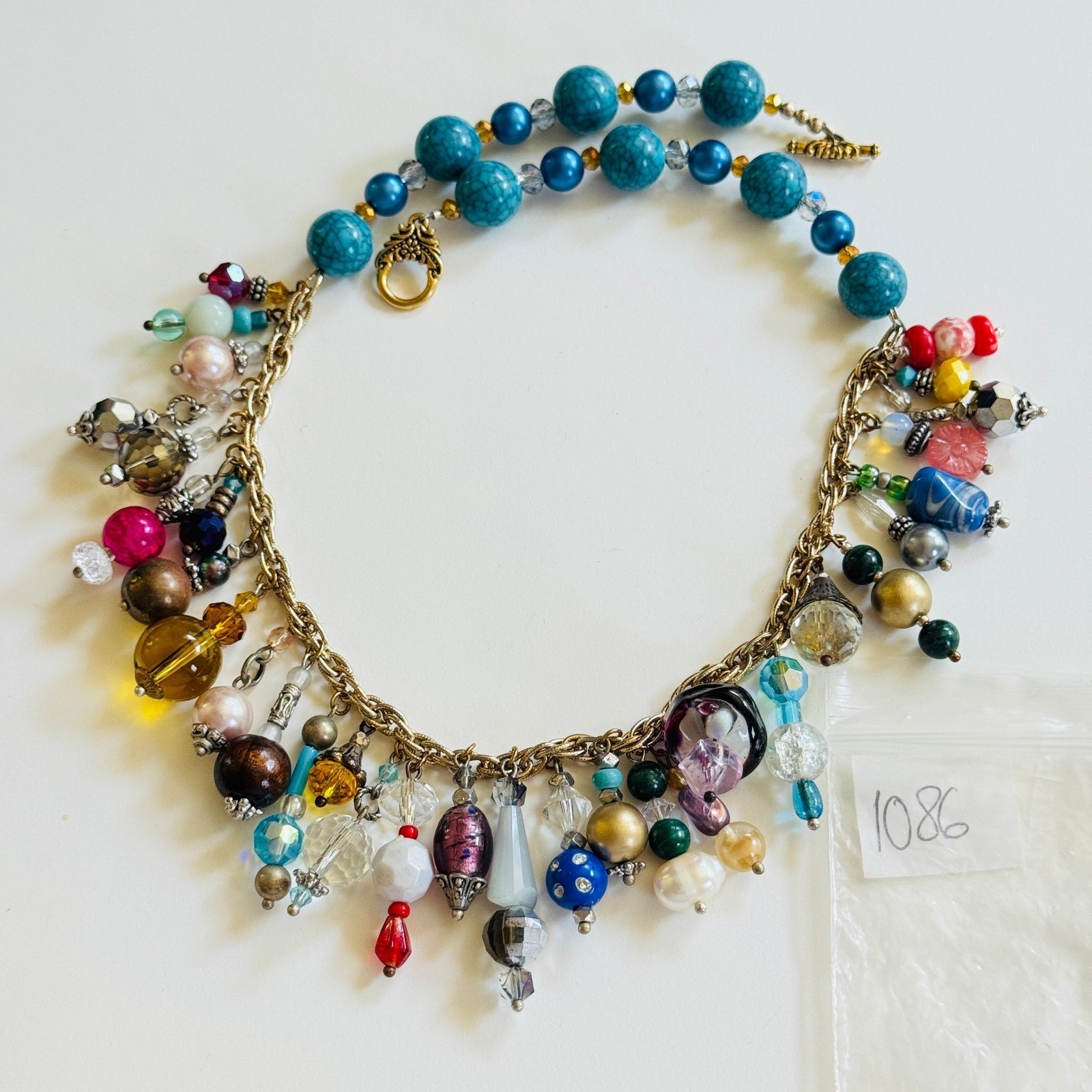 Vtg Art Glass Necklace Beaded Charm dangle Flashy colorful crystal Rare 18″ L