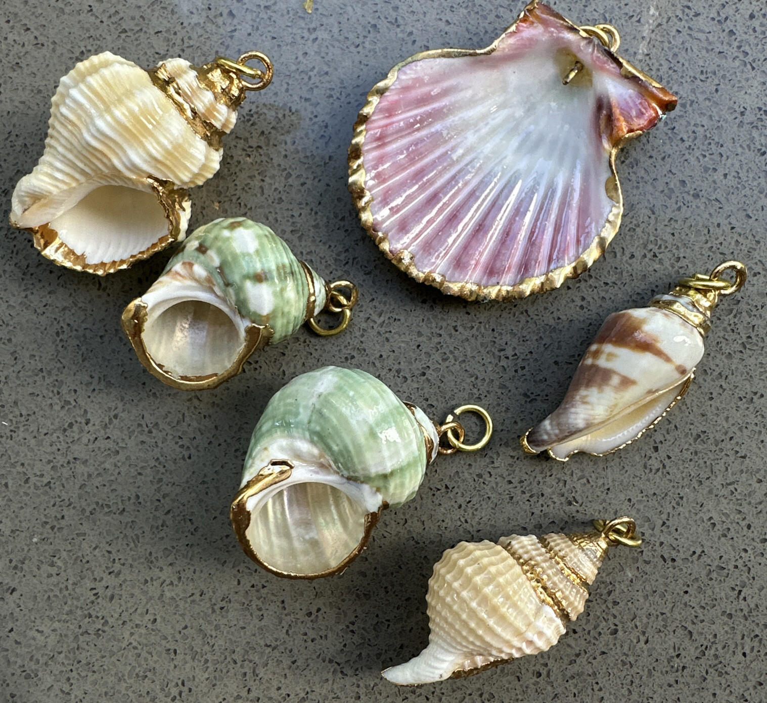 Vintage Lot Of 3 Necklaces (20” & 30”) And 6 Gold Tipped Real Seashell Pendants