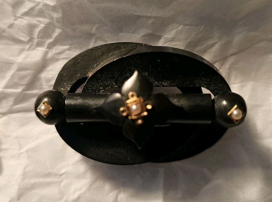 Antique Victorian Black Mourning Jewelry Lot (3) Brooch Pins Gutta Percha Enamel