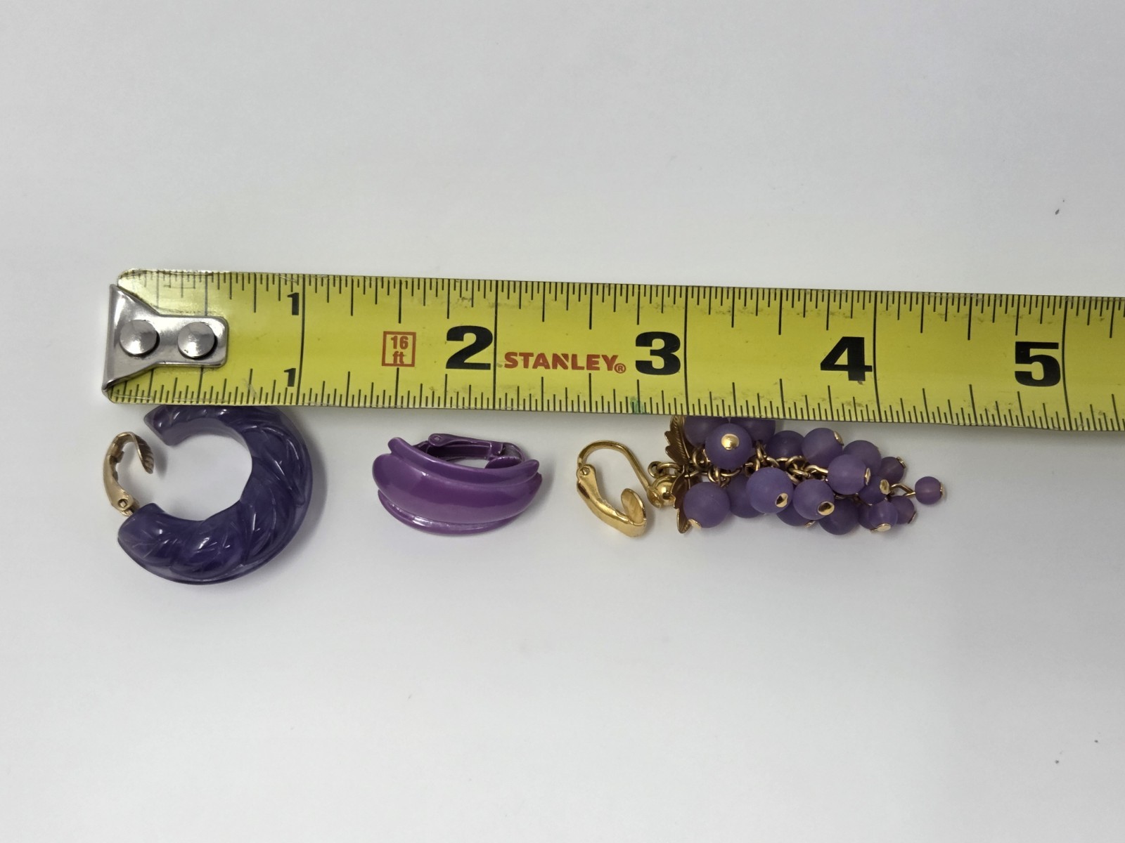Three Pairs Purple Vintage Clip-on Earrings Grapes Bunch Dangles Hoops Enamel