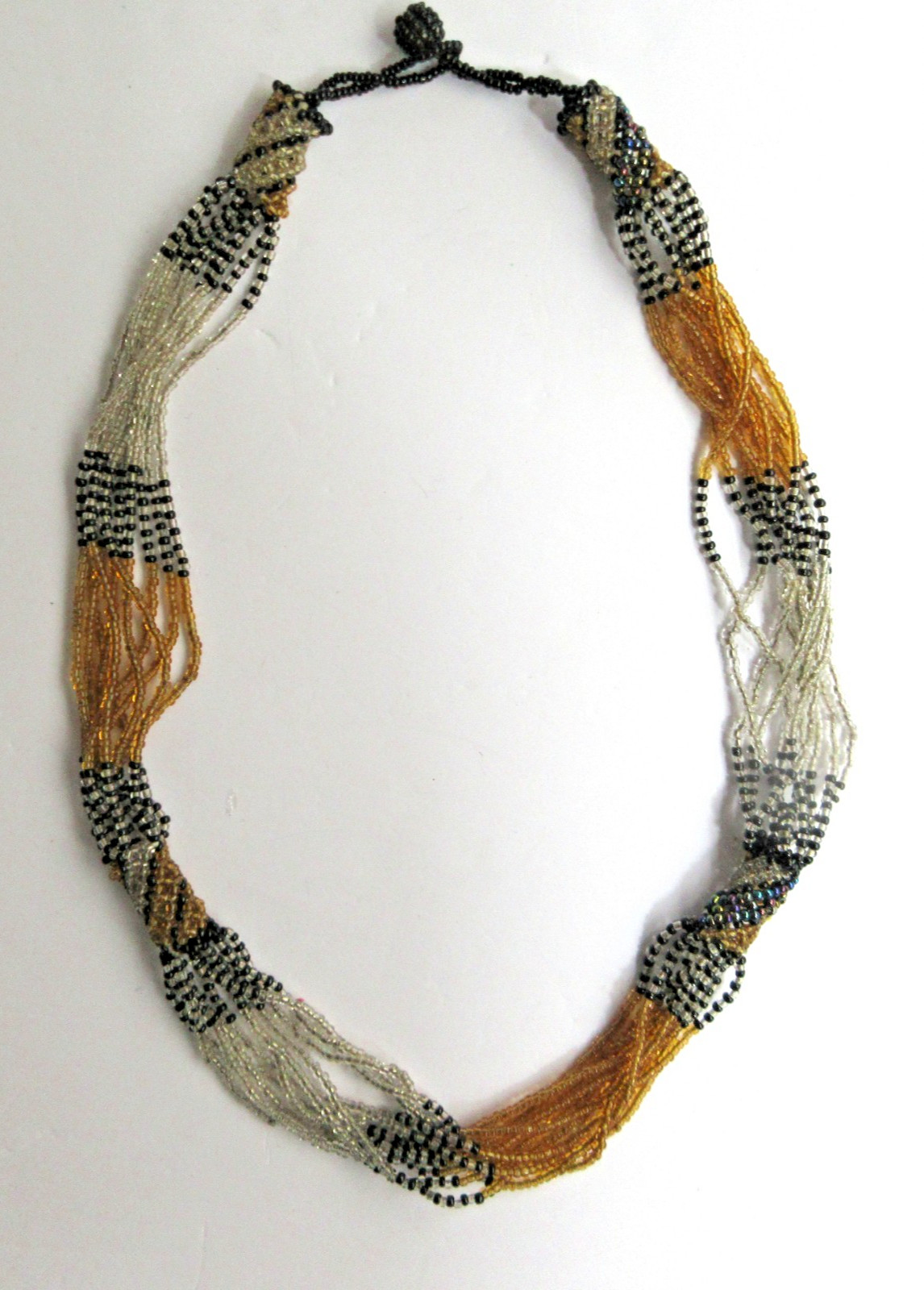 Multi Strand Twisted Woven Sead Bead Beaded Black Bronze Silver Necklace 22″