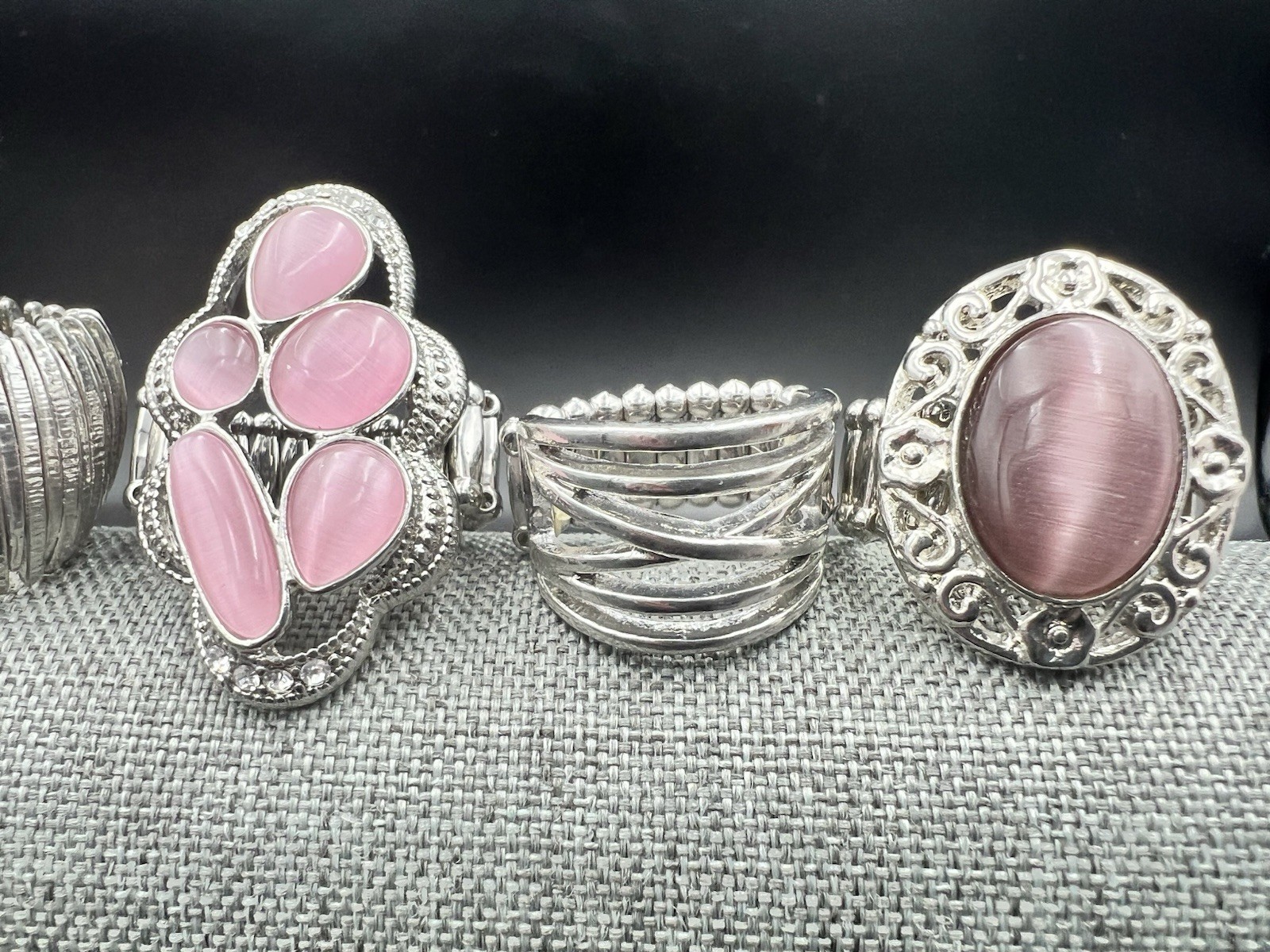 5 Vtg to Modern SilverTone Stretch Band Ring Lot Pink Purple Rhinestone One Size