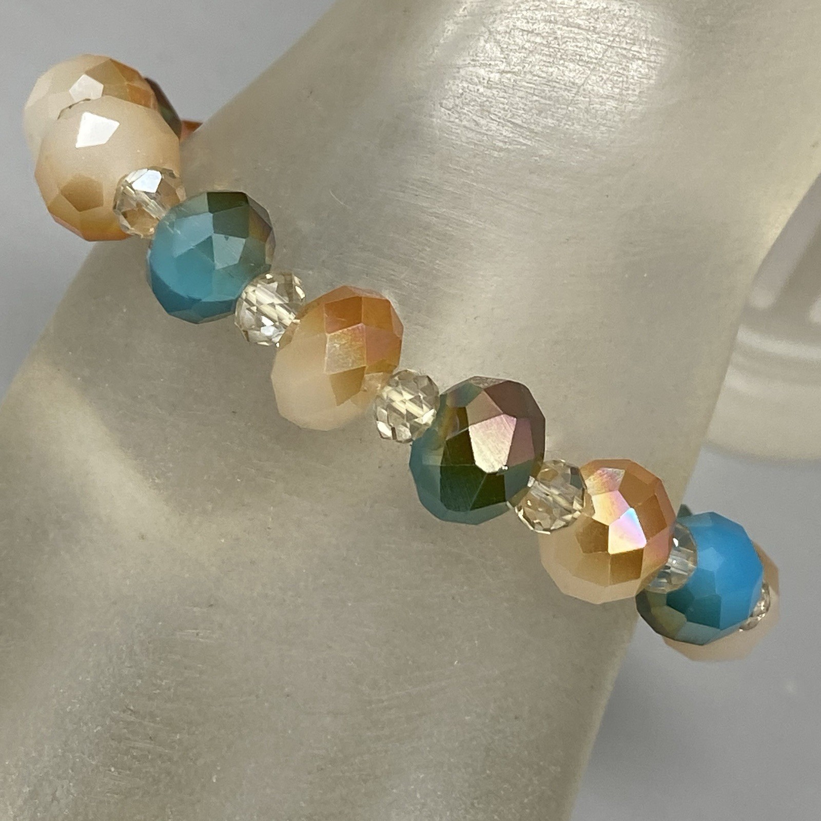 Glass Beaded Bracelet Blue Cream Gold Faceted Fire Polished Stretch Elastic 7″