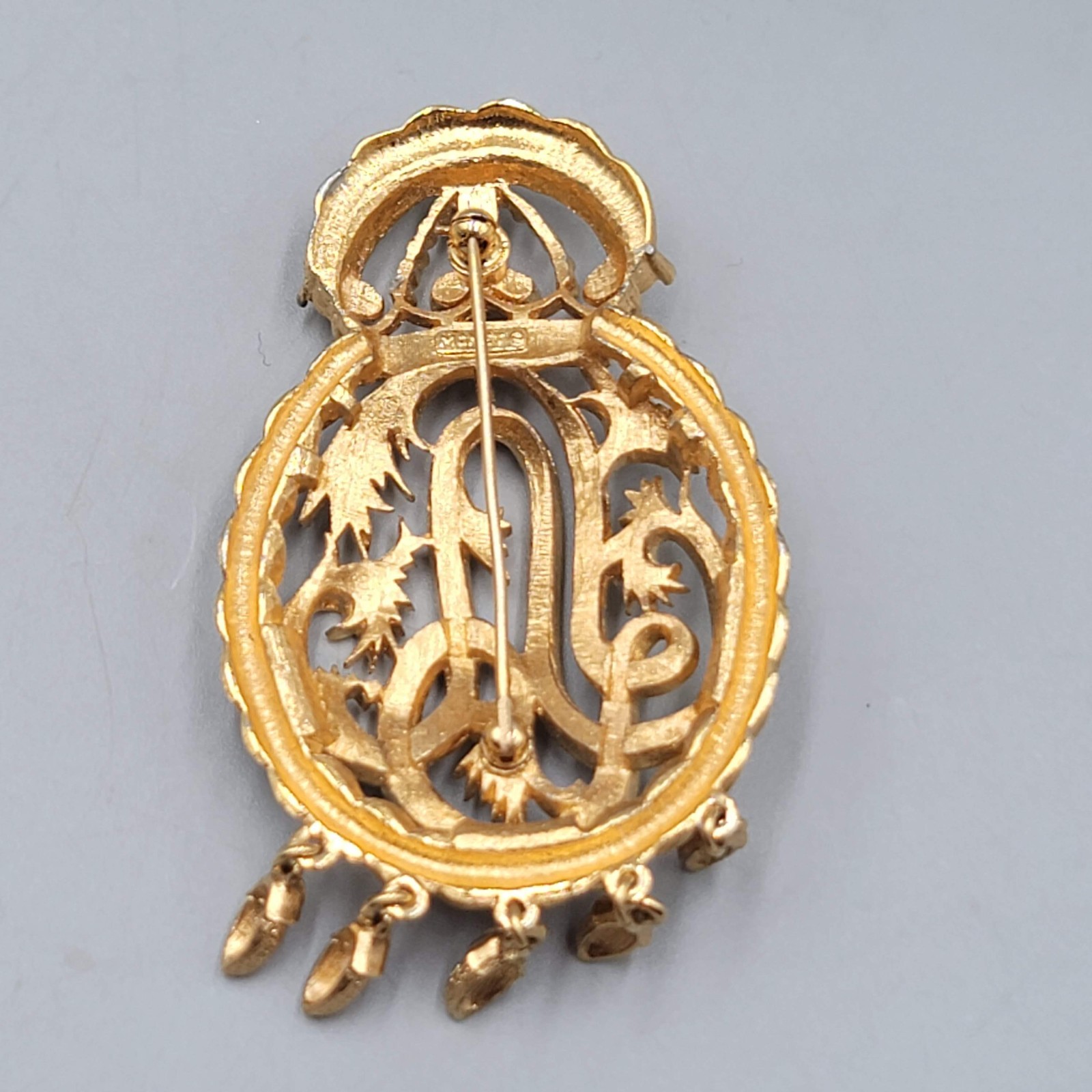 Vintage Monet Textured Gold Floral Brooch Dangling Chain Tassels 3″