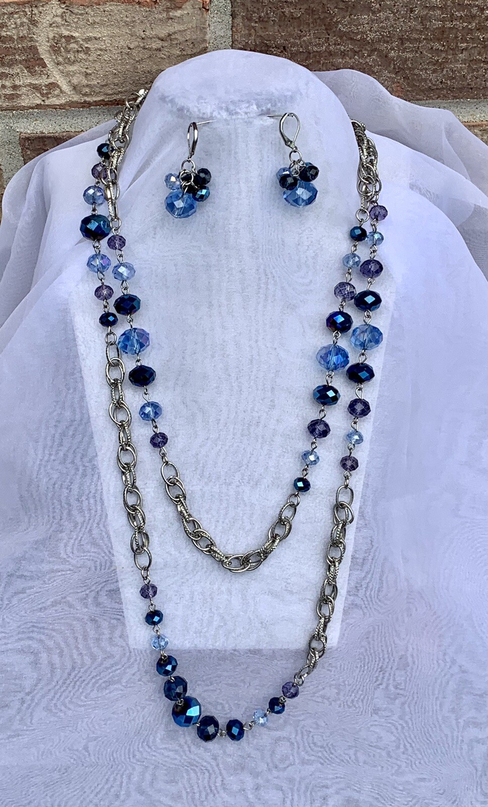 Vintage 70s Blue, Peacock & Purple Aurora Borealis Crystal Necklace Earrings Set