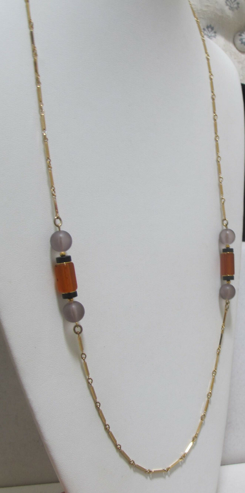 Vtg 1978 SARAH COV “Monterey” 35” Gold Tone Orange Grey Black Station Necklace