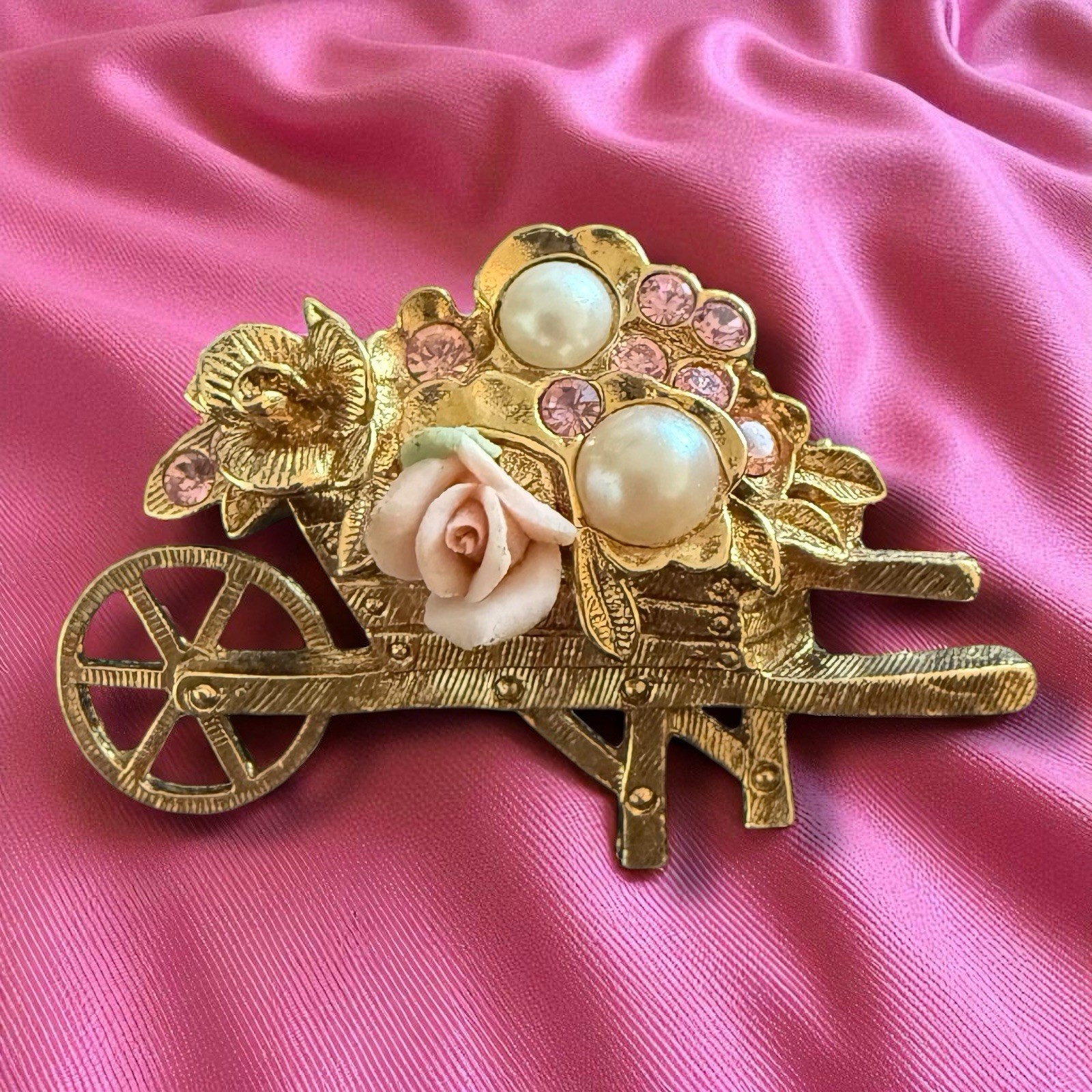1928 Jewelry Floral Wheelbarrow Brooch Gold Tone Pink Rhinestone Vintage