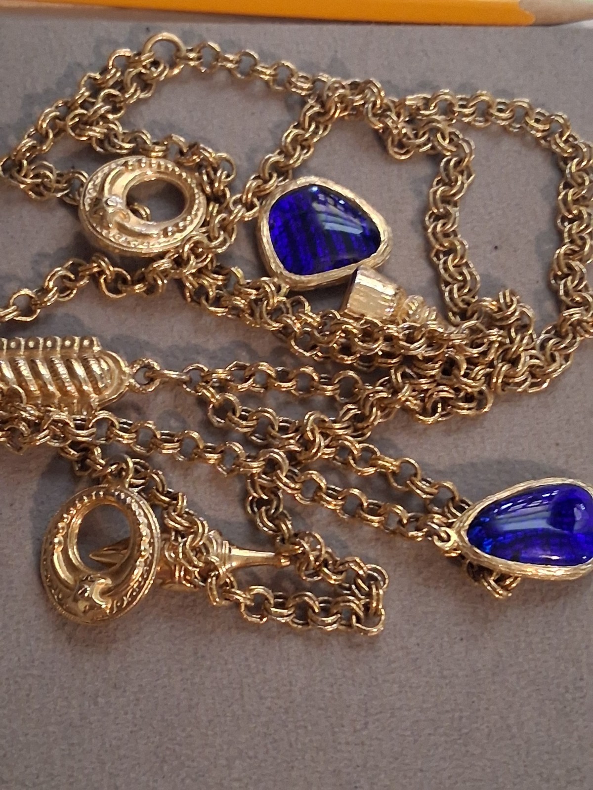 Cobalt blue poured glass dangle drop charm double strand necklace, vintage, 24″