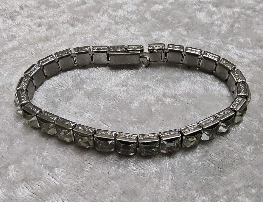 Vintage H&SO Sterling Silver White Glass Paste Rhinestone Tennis Bracelet 7.25In