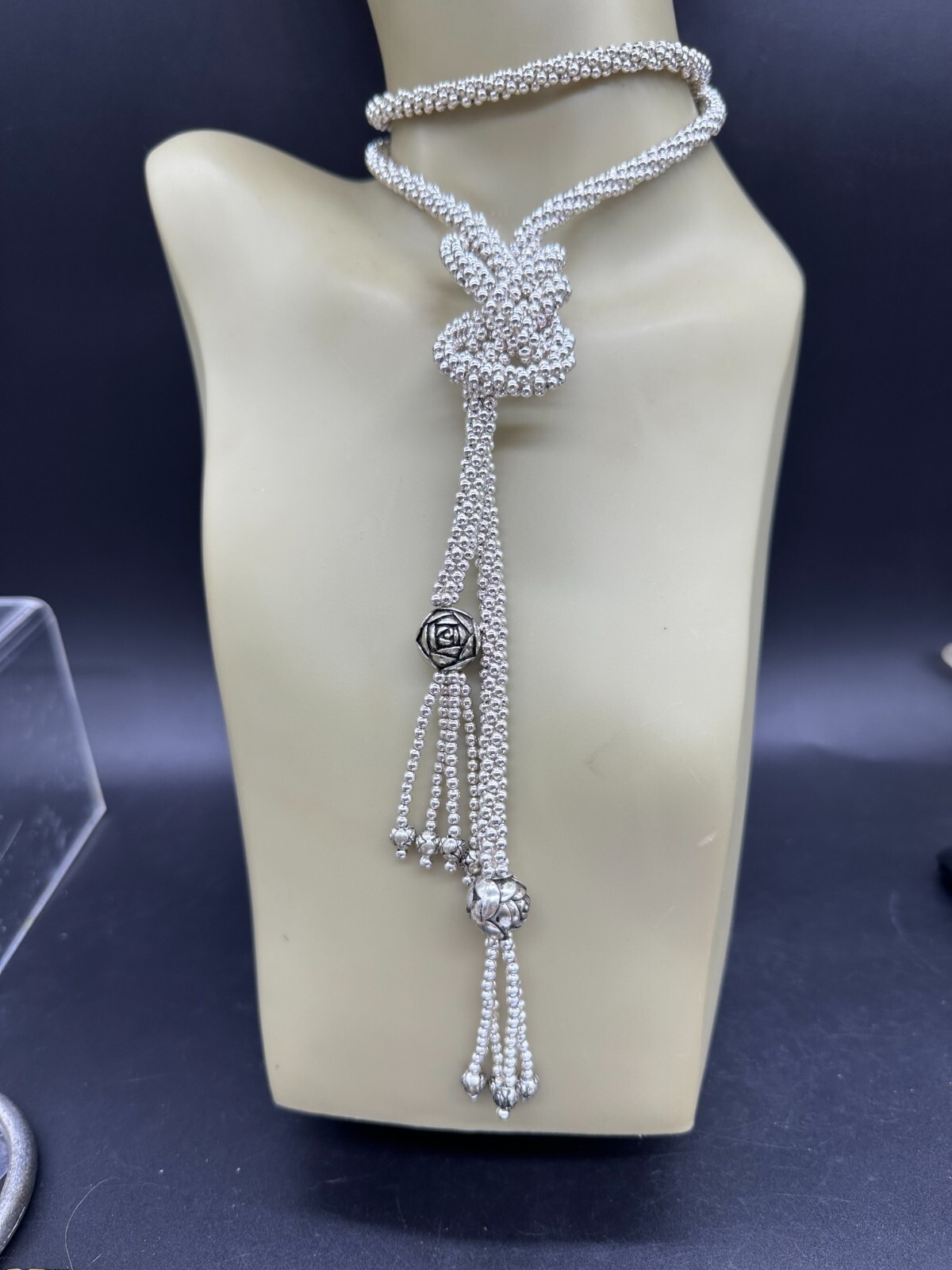 ESTATE SILVER TONE POPCORN CHAIN CAMELLIA FLOWER BEAD TASSEL OPEN NECKLACE 50″