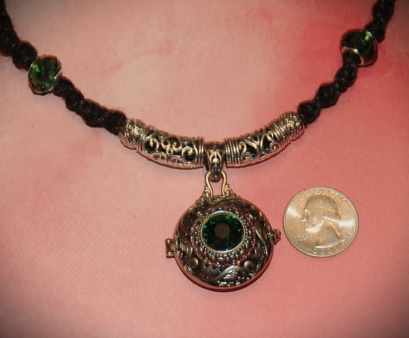 Antique Style Locket with a Green CZ Stone on 20 1/4″ Black Handmade Hemp Chain