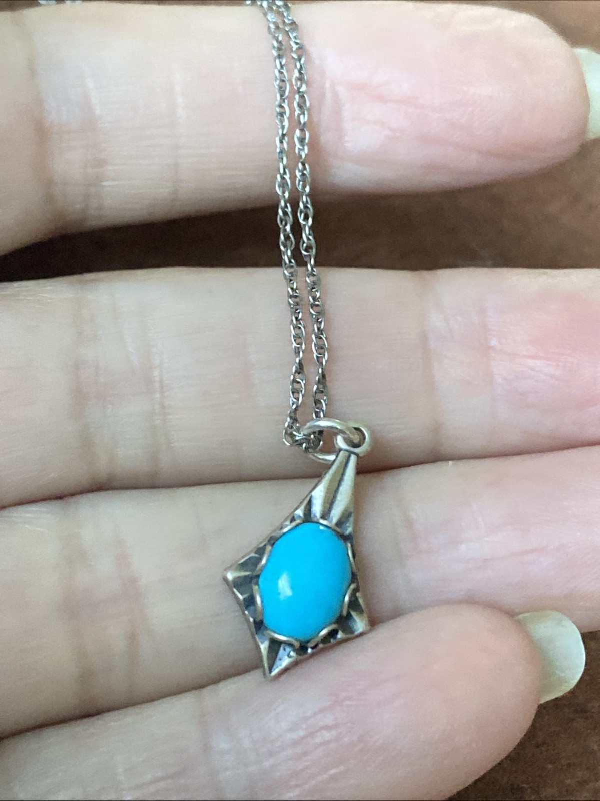 Vintage Lightweight Sterling Silver Necklace With Turquoise Pendant