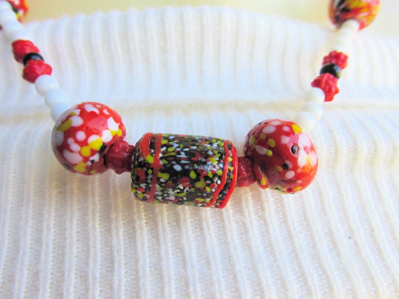 70s Vintage Orange Yellow White Black Venetian Glass Bead 16′ Necklace