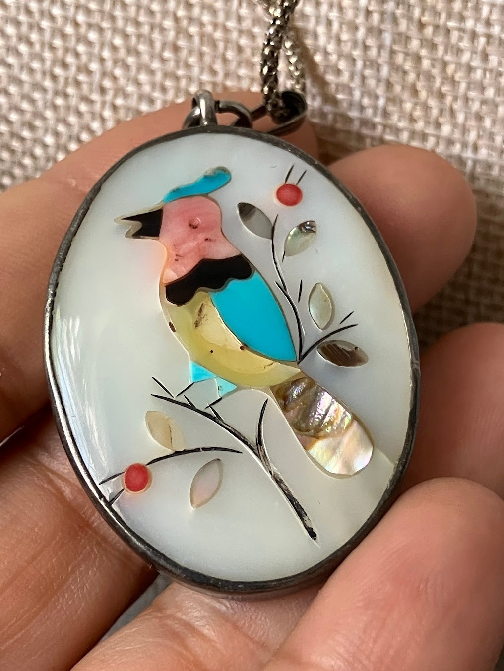 Vintage Multi Stone Inlay Pendant Bird Mother of Pearl Sterling Signed READ