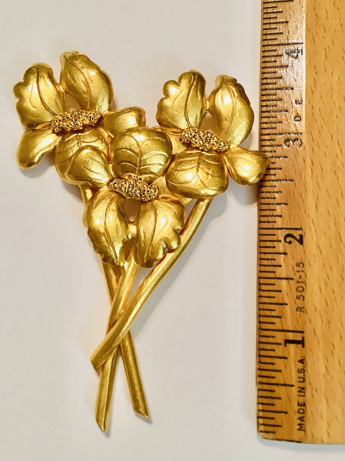 FT Paris RARE Vintage LARGE High End Gold Tone Iris Flowers Brooch Low Price! 💛