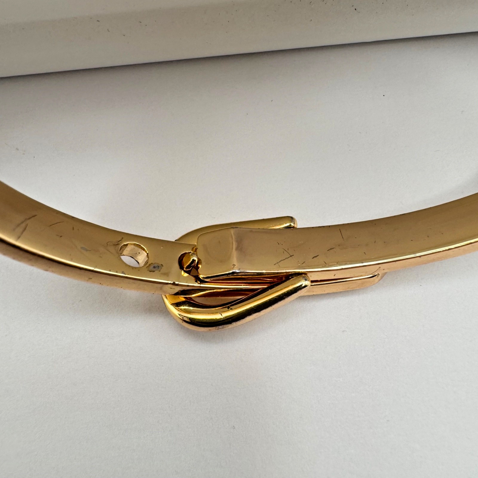 Sleek Gold Tone Belt Buckle Hinged Bracelet Adjustable Statement Bangle 6.5-7”