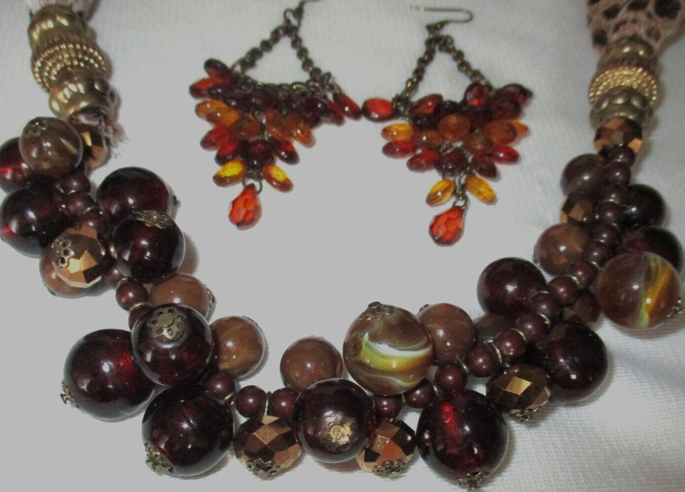 Elegant Golden Brown Aurora Crystal & Acrylic Bead Necklace & Pierced Earrings