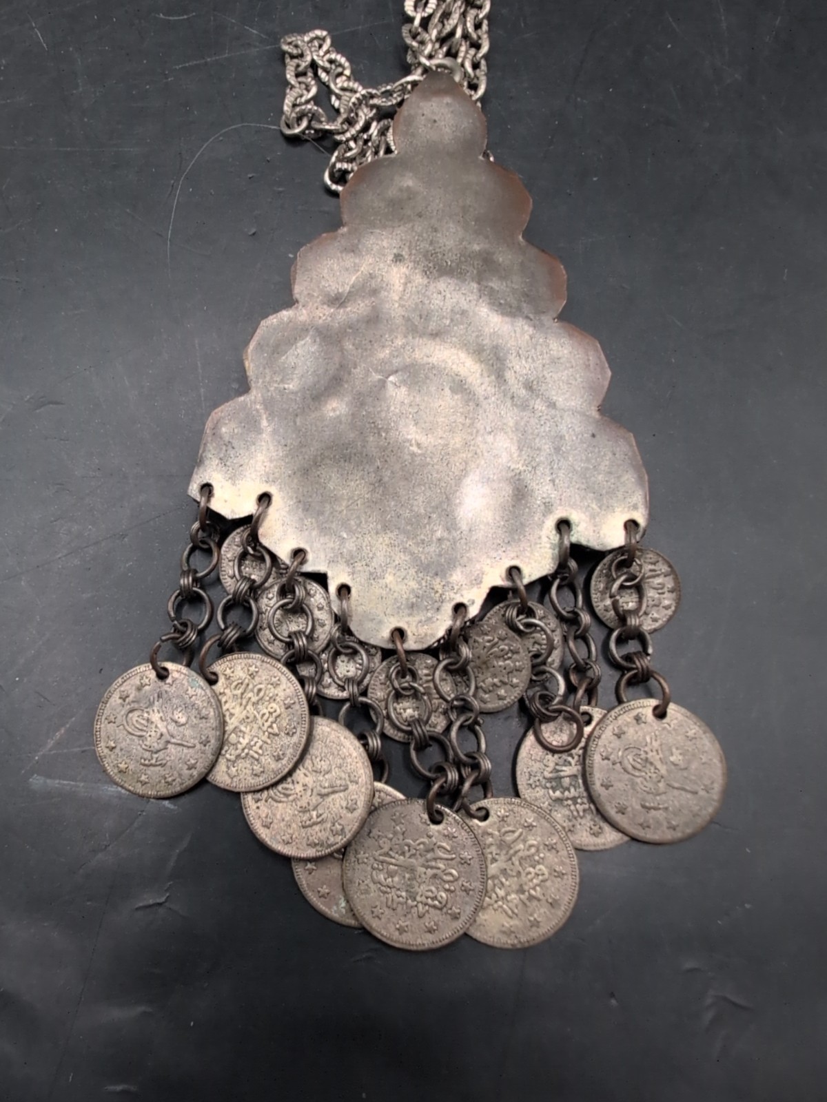 Vintage Tribal Coin Necklace With Glass Stone 24″ Chain