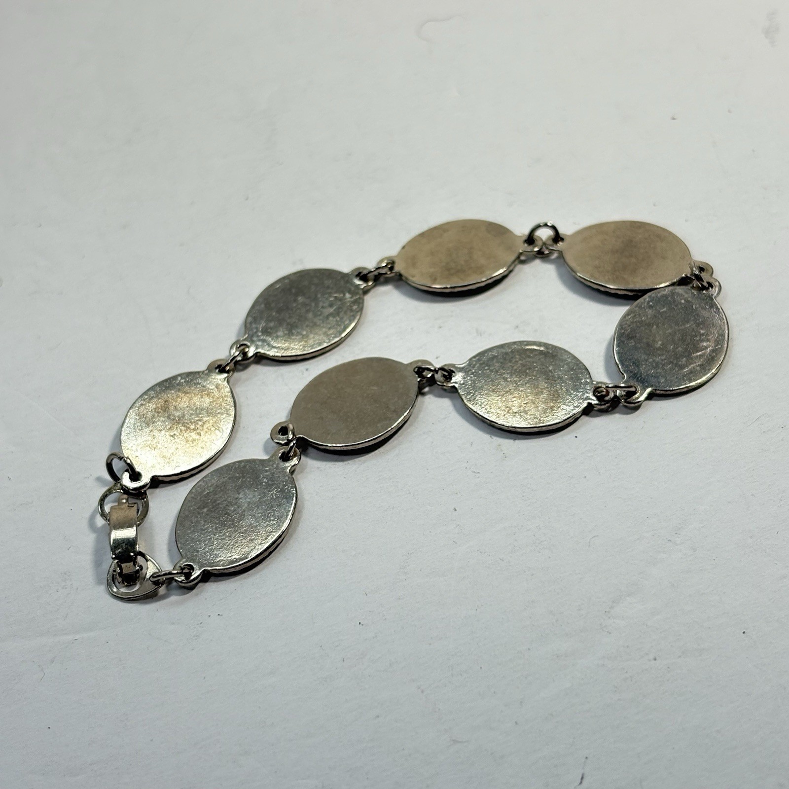 Vintage Silver Tone Abalone Link Bracelet Paua Shell Oval 8″