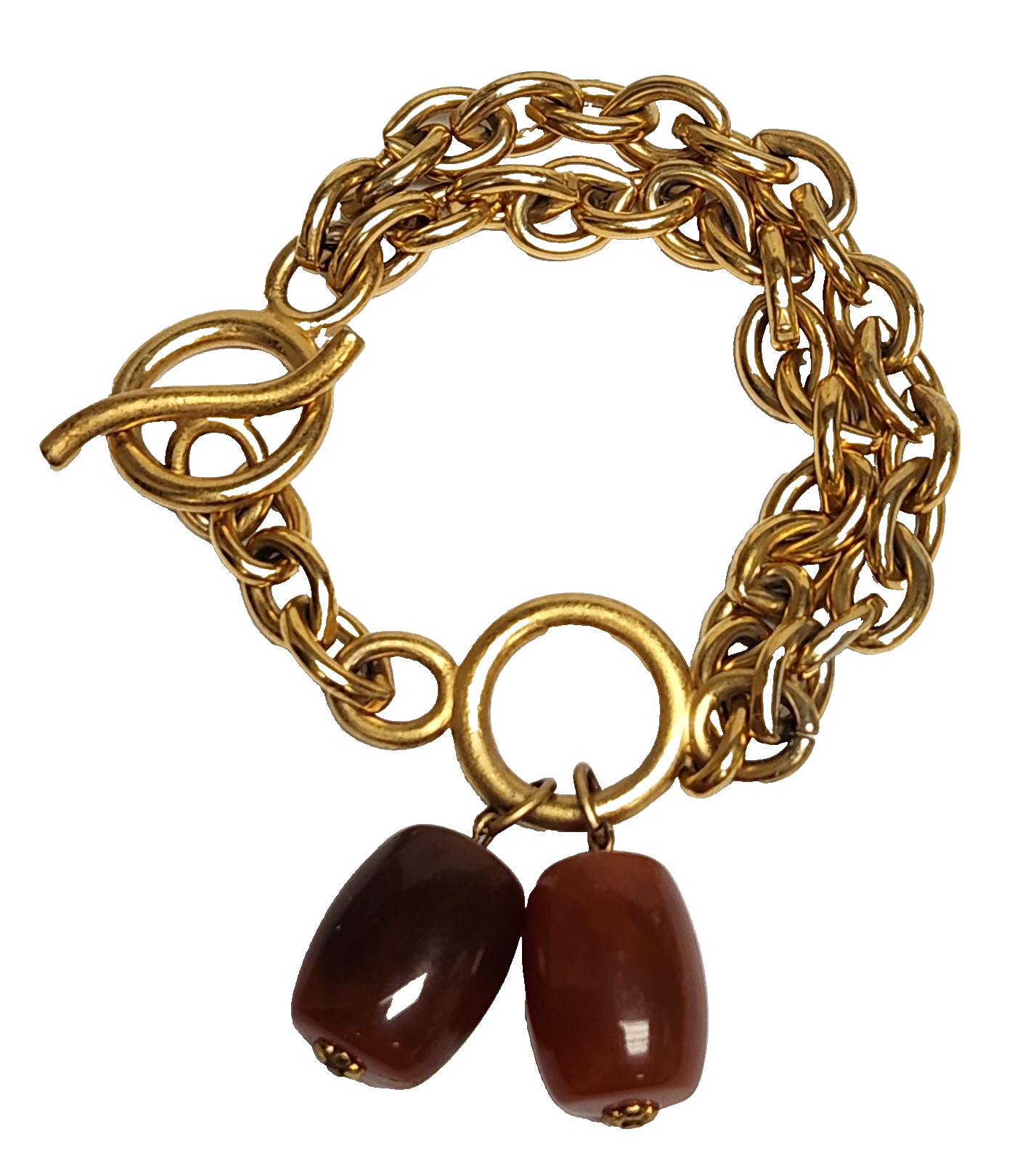 Vintage 80’s Brushed Gold Tone Double Rolo Link Toggle Bracelet Barrell Dangles