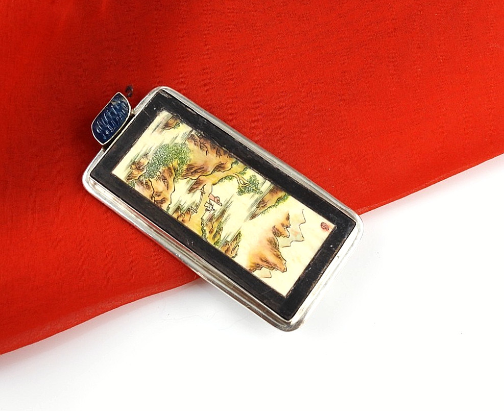 Vintage Amy Kahn Russell 925 Sterling Silver Asian Landscape Enhancer Brooch Pin
