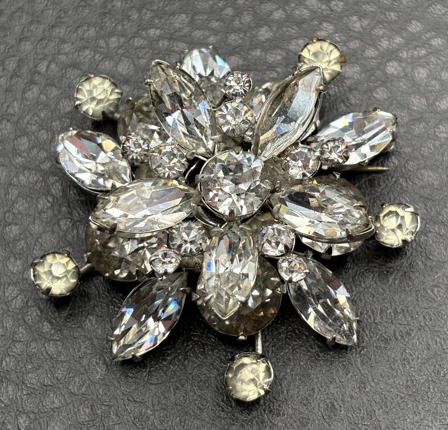 Vintage Austrian Rhinestone Atomic Starburst Brooch Silver Tone Crystal Pin