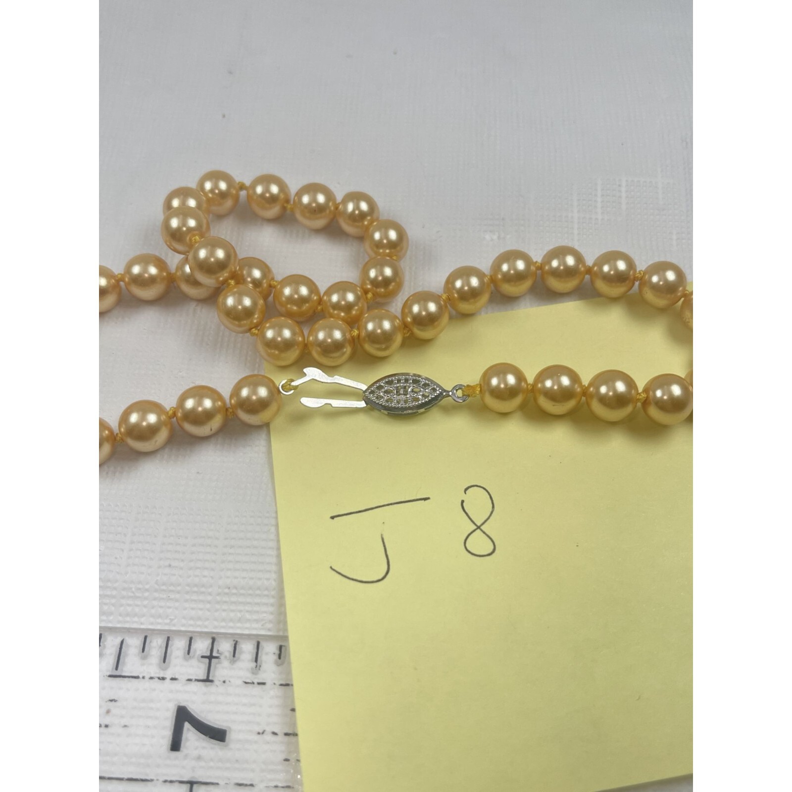 Hand Double Knot Golden Yellow Pearl Beaded Necklace 18″ Collar Filigree Clasp