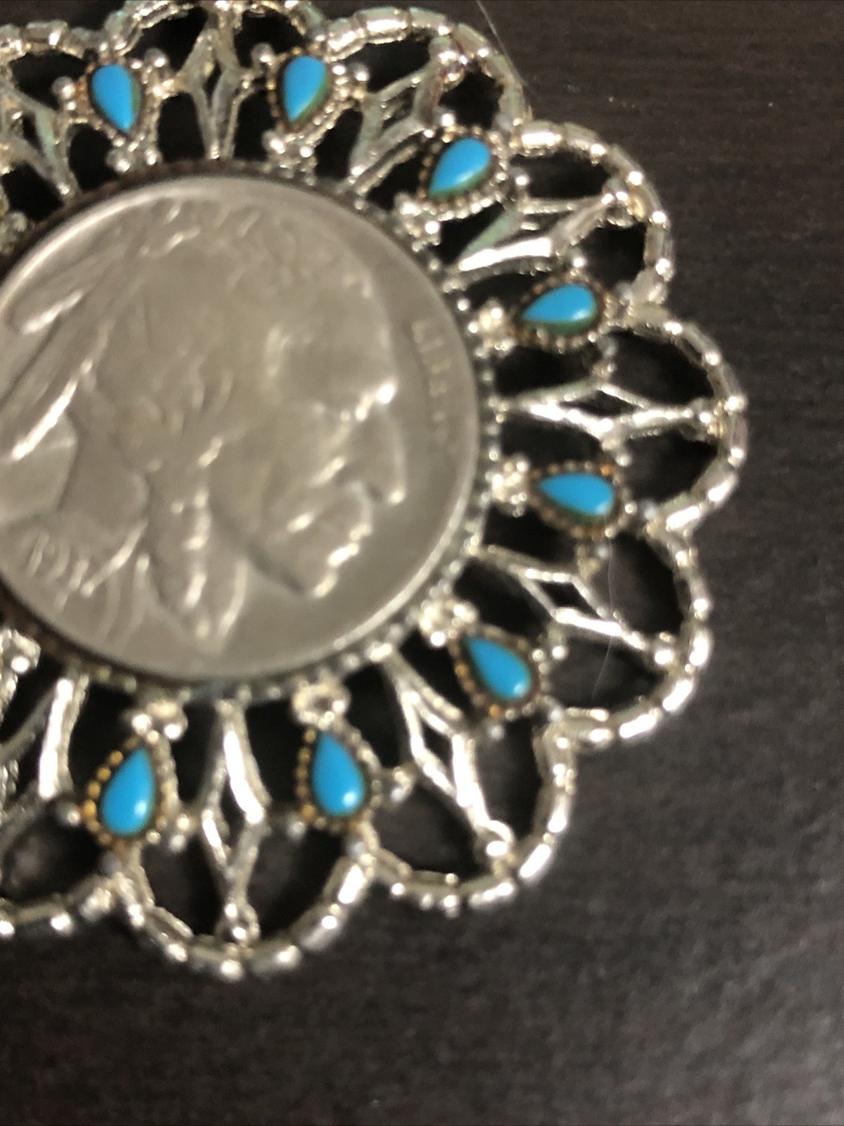 Vintage 1970s Buffalo Nickel Coin Pendent Faux Turquoise Silver Tone Necklace