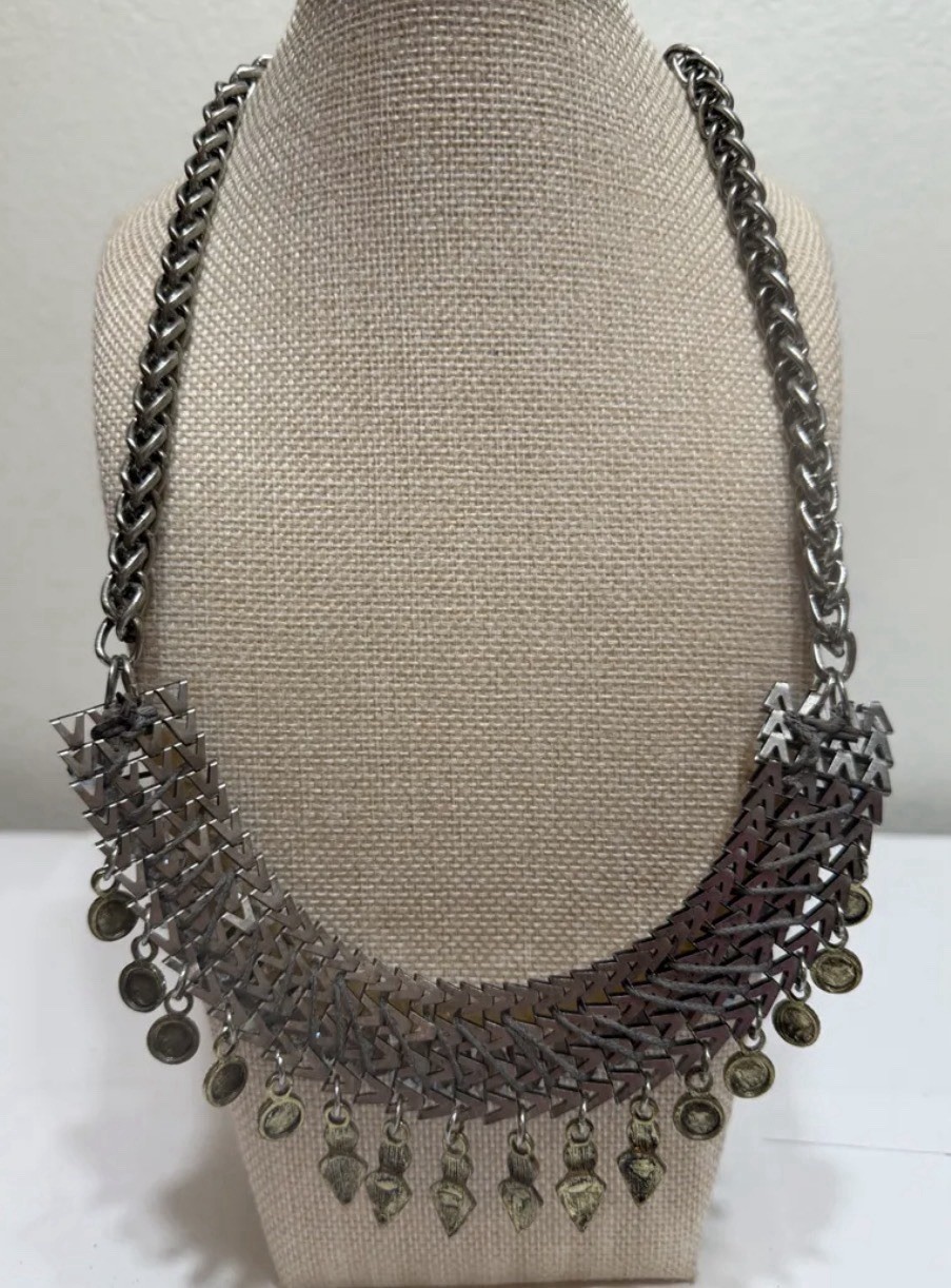 Vintage Necklace Layered Chain W Beaded Fringe & Dangling Charms J1