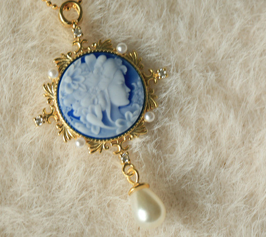vintage Cameo pendant blue agate 925 silver anniversary gift antique jewelry