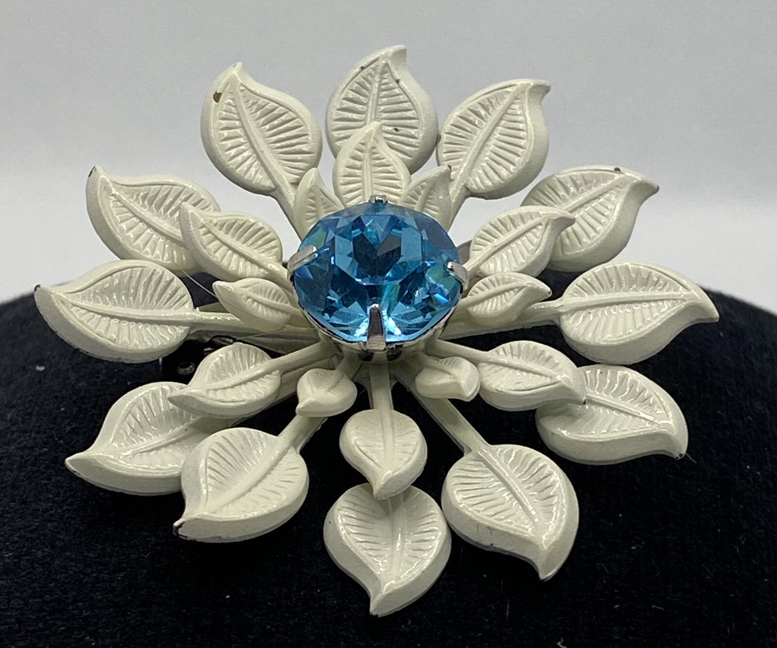 Vintage White Enamel Blue Topaz Rhinestone Flower Brooch & Clip-on Earring Set