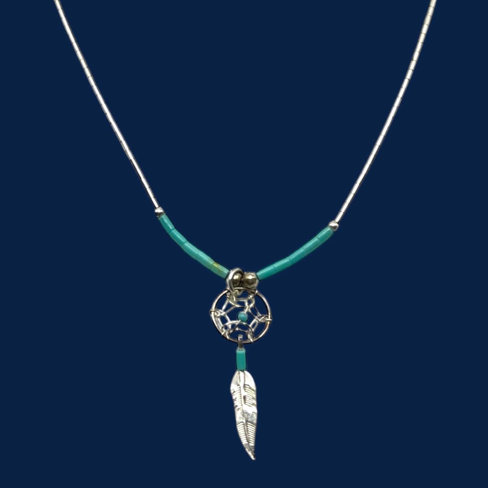 Vintage Liquid Silver Dreamcatcher Necklace Blue Bead Feather Charm Southwestern