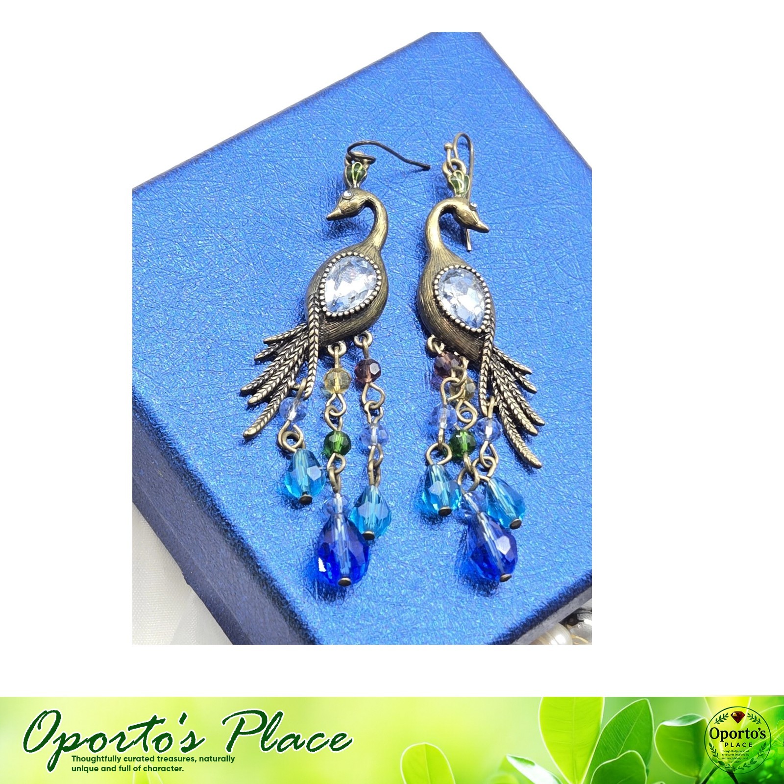 Vintage Peacock Dangle Drop Post Earrings Multicolor Crystal Faceted Beads