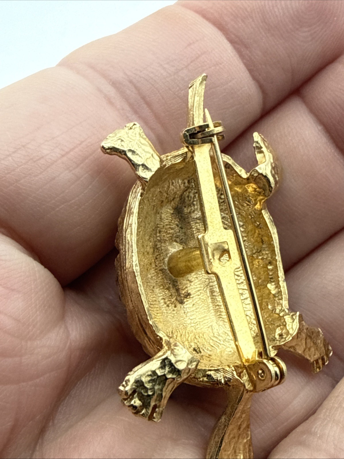 Gold Turtle Brooch/Pin With Green Eyes And Clear Stones On Shell Vintage (READ)!
