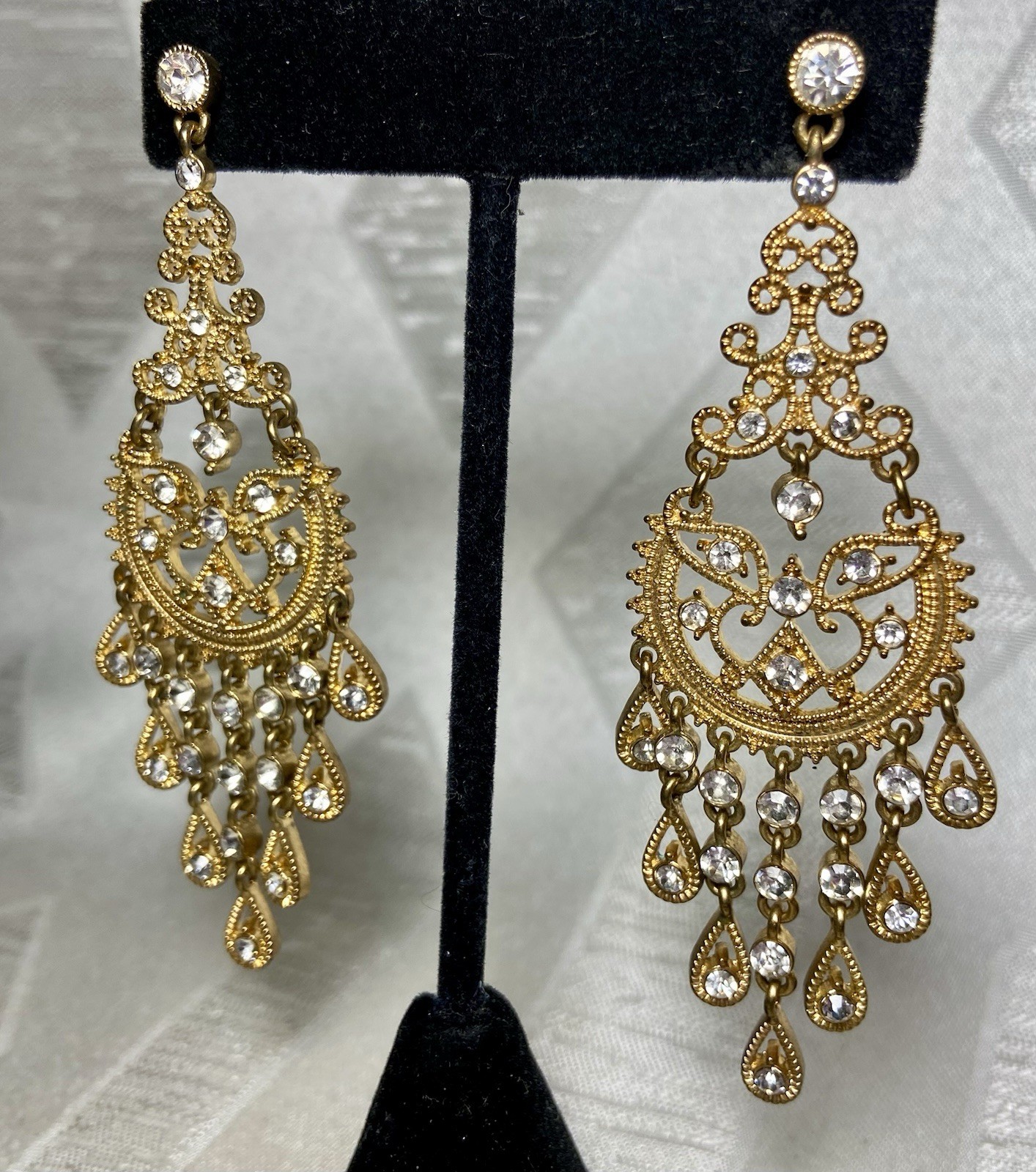 Vintage Style Filigree Chandelier Earrings Gold Tone Rhinestone Dangle 3” Glam