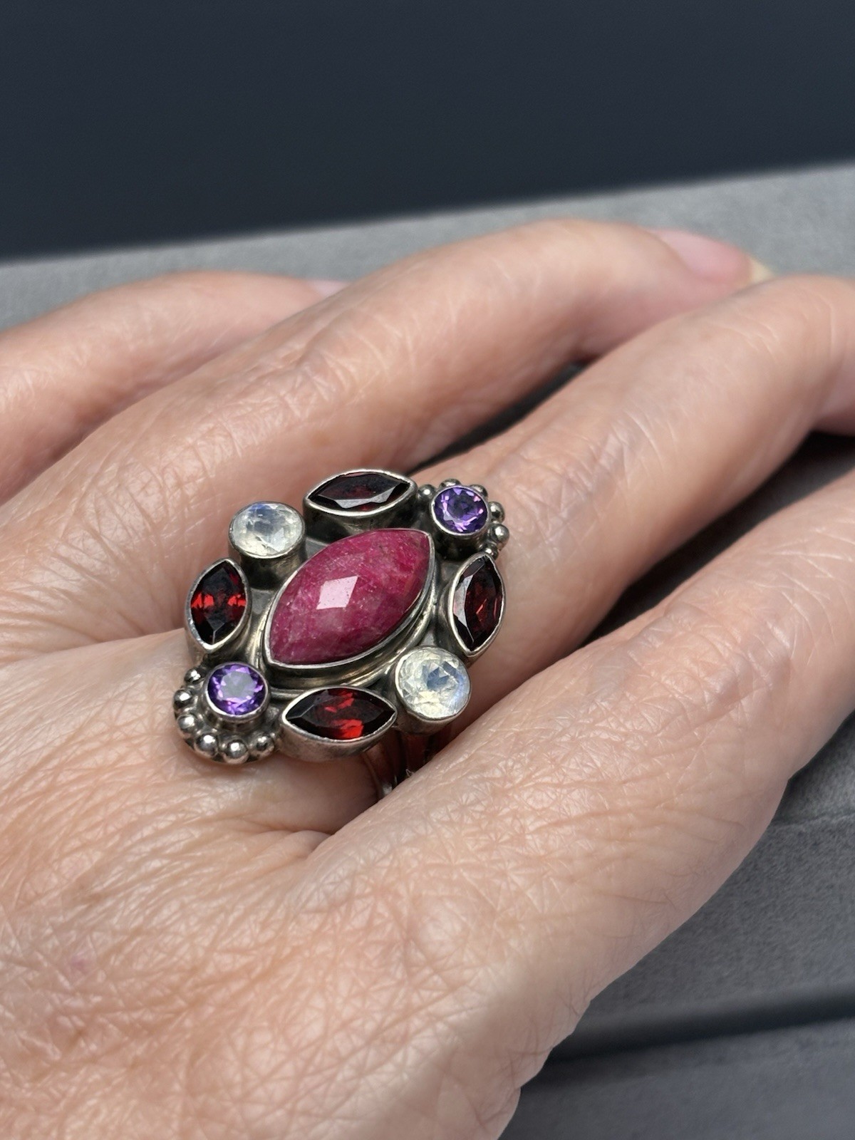 Nicky Butler NB Sterling Silver Raw Ruby Garnet Moonstone Amethyst Ring Sz8
